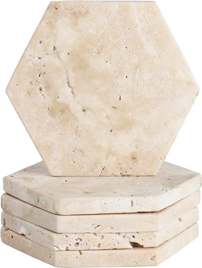 WORHE Marble Coaster Set of 5 Hexagon Natural Cream Travertine Stone Drink Coaster for Table Prot... | Amazon (US)