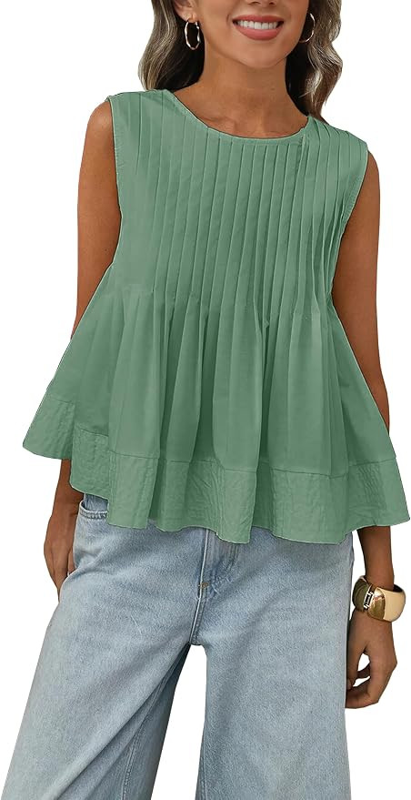 Megfie Womens Summer Pleated Peplum Sleeveless Blouse Tank Tops Round Neck Y2K Babydoll Blouse Sh... | Amazon (US)