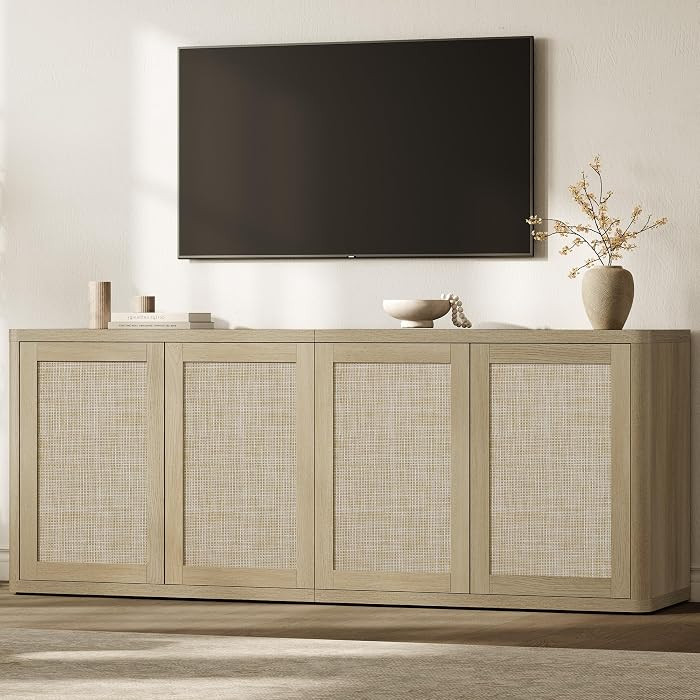SICOTAS Rattan TV Stand for 65 70 inch TV - Large Entertainment Center TV Consoles for Living Roo... | Amazon (US)