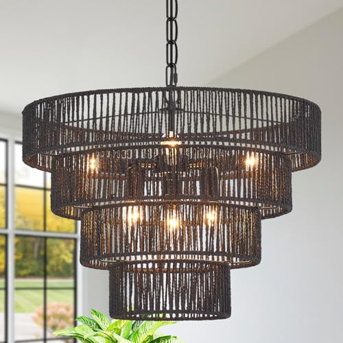 Tunkayli Black Rattan Chandelier Light Fixture,Boho Woven Pendant Lights 20in 4-Tier Light Fixtures 6-Light Farmhouse Chandelier Hanging Light for Kitchen Island Dining Room Bedroom | Amazon (US)