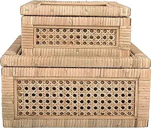 Creative Co-Op Boho Woven Cane and Rattan Display Boxes with Glass Lids, Set of 2 Sizes, Natural | Amazon (US)