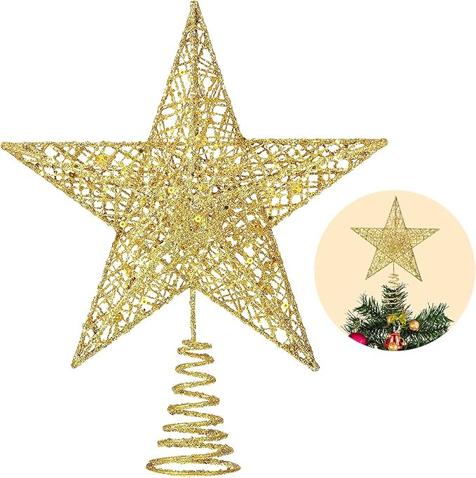 Christmas Tree Toppers Xmas Glitter Gold Hollow Star Treetop Topper for Christmas Tree Decoration... | Amazon (US)