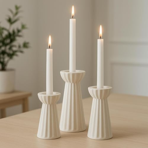 Honeydak Set of 3 Ceramic Taper Candle Holder Cream White Candlestick Holder Fluted Candle Stick ... | Amazon (US)