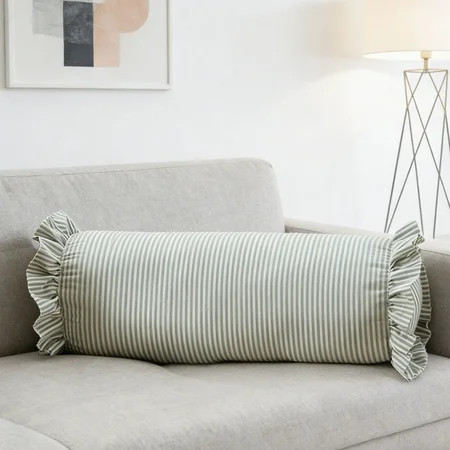 Green Striped Ruffle Bolster Pillow, Decorative Cylinder Pillow with Ruffled Edges, Soft Cylindrical Neck Roll Support Pillow for Bed Sofa Sleeping and Relaxing | Walmart (US)