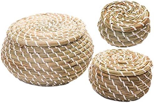 Cabilock 3pcs Mini Straw Hand Woven Storage Baskets with Lids Round Small Seagrass Box Desktop Stora | Amazon (US)