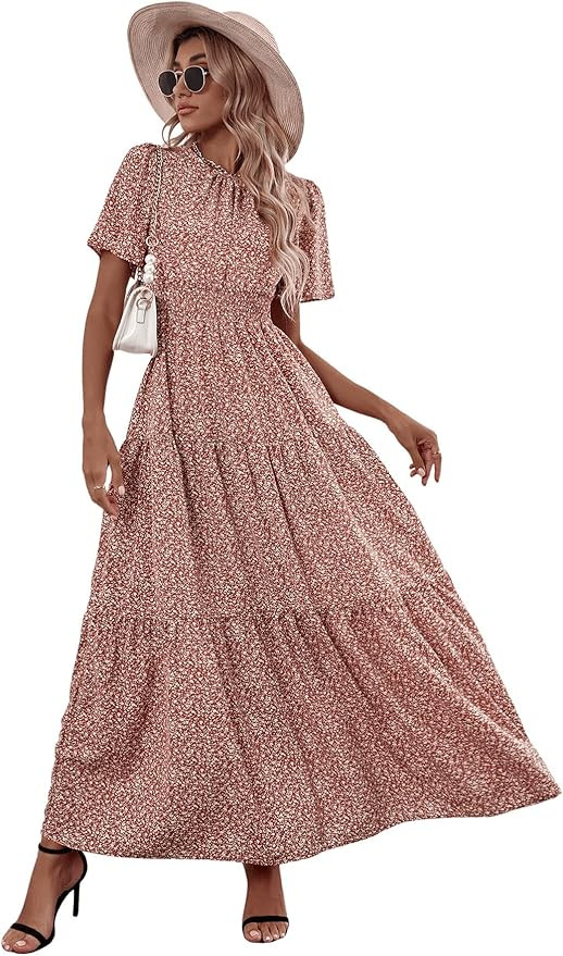 Floerns Women's Short Sleeve Boho Floral Dress A Line Smocked Midi Dress | Amazon (US)