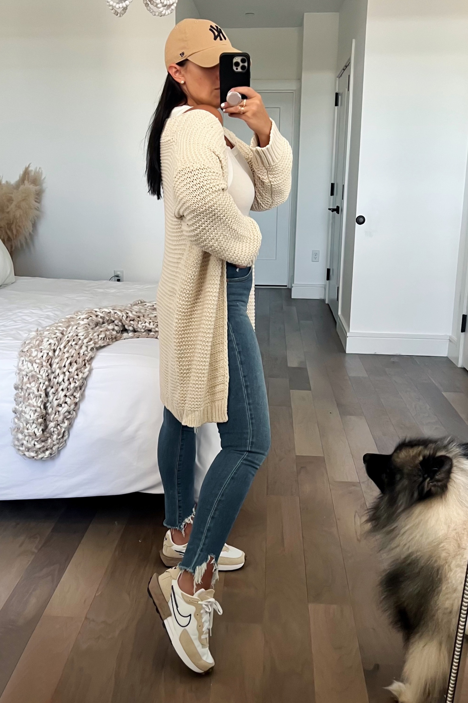 Chunky knit cardigan wearing size small. Nike sneakers run a half size big 