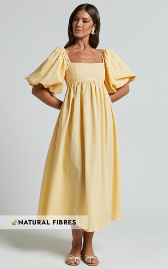 Cenia Midi Dress - Linen Look Straight Neck Shirred Back Puff Sleeve Dress in Lemon | Showpo (ANZ)