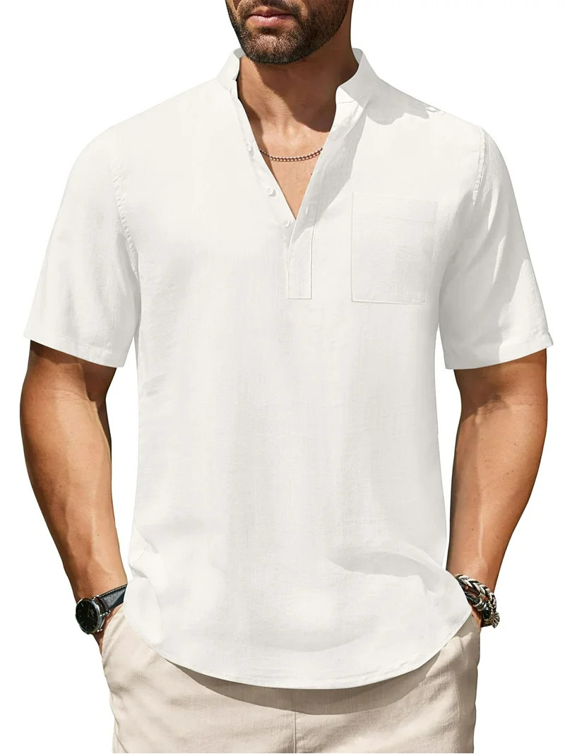 HAOMEILI Men's Cotton Linen Henley Shirt Short Sleeve Hippie Casual Beach T-Shirts with Pocket | Walmart (US)