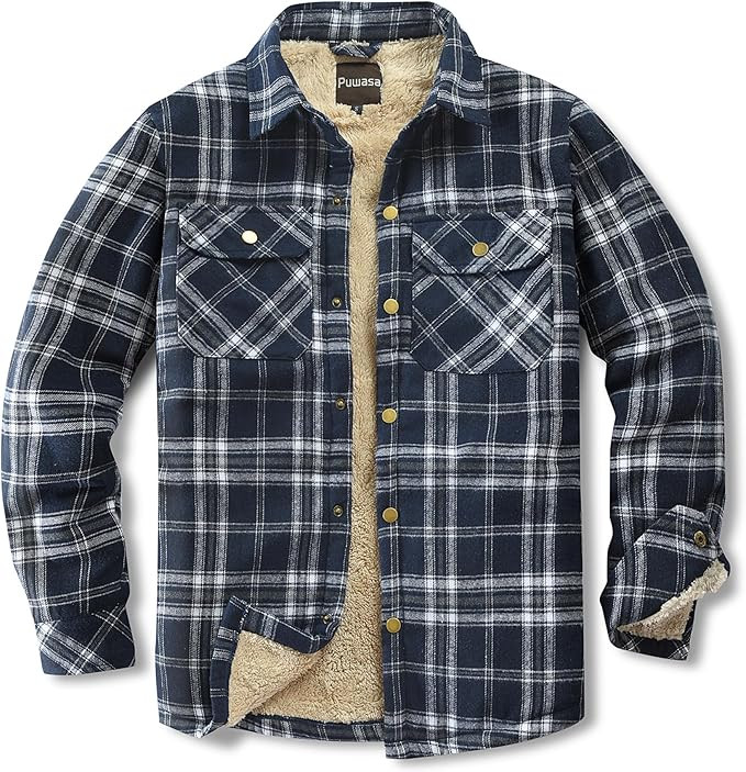 Men's Sherpa Lined Cotton Flannel Shirt Jacket Plaid Button Up Jacket Coat for Men with Pocket | Amazon (US)