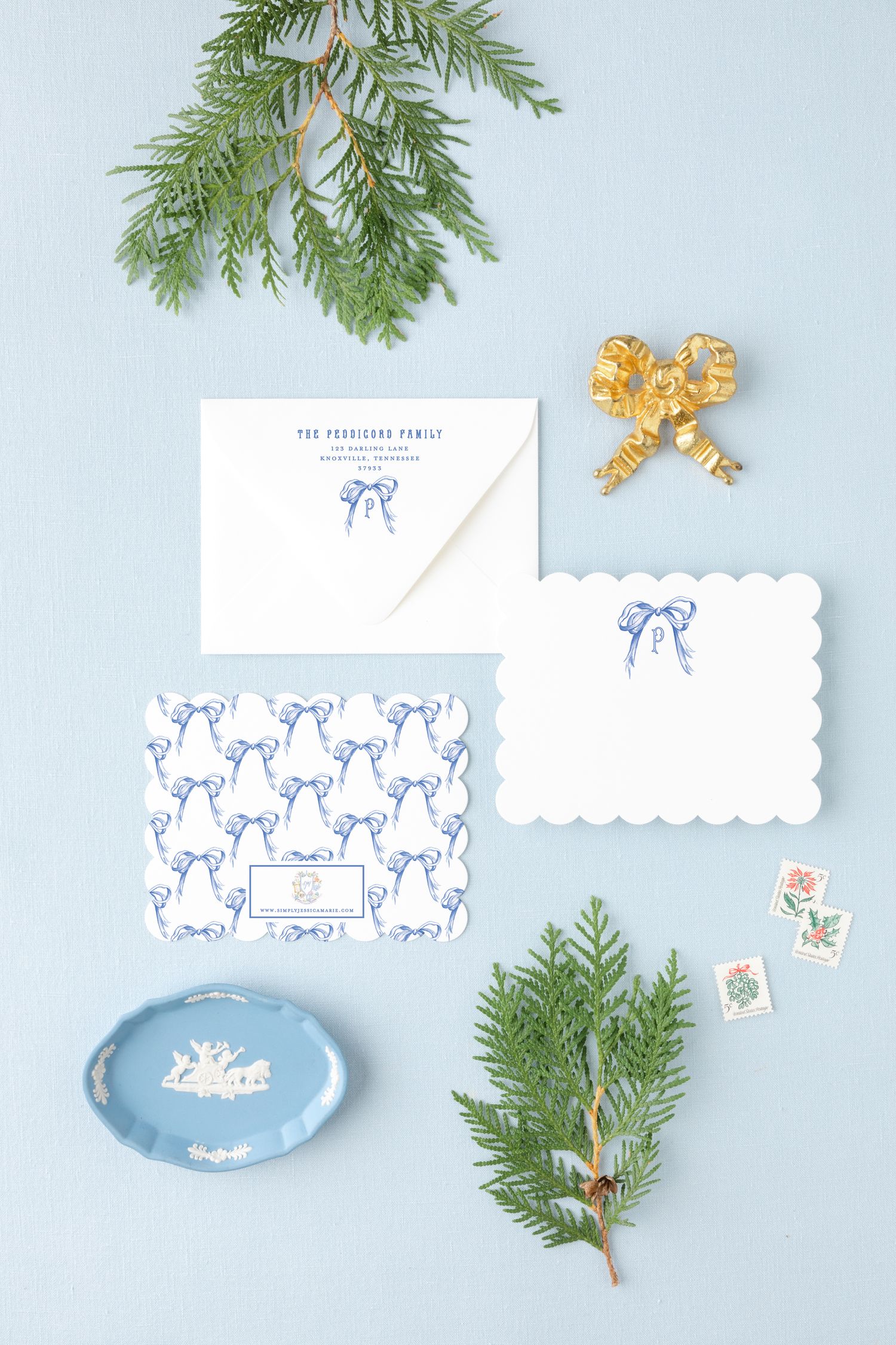 Blue and White Grandmillennial Bow Personalized Stationery Set — Simply Jessica Marie | Simply Jessica Marie