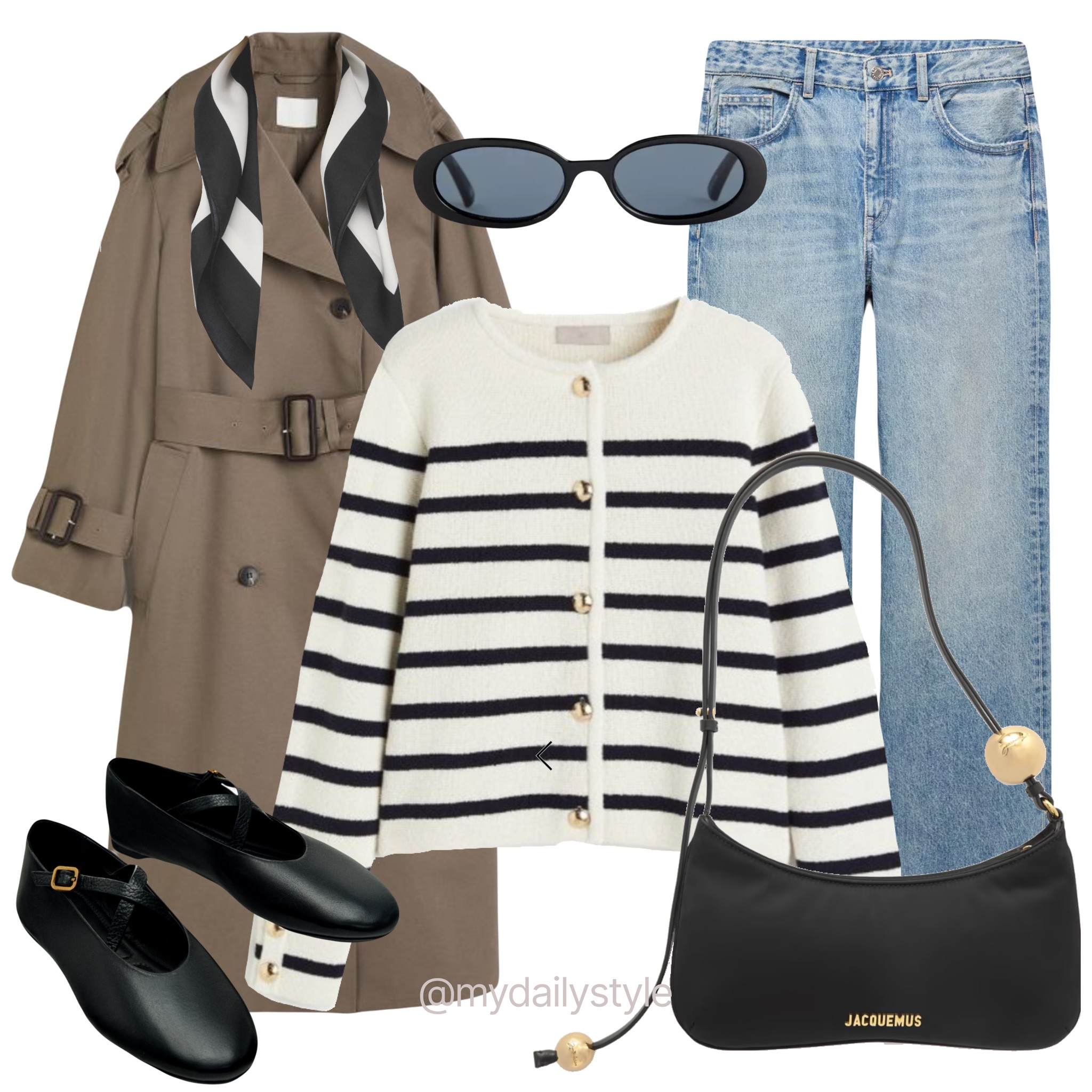 Styling chic striped cardigan for spring. H&M trench coat, knit striped sweater, Mango mid-rise straight jeans, Jacquemus Le Bisou shoulder bag, oval-frame Le Specs sunglasses, Massimo Dutti ballet flats, silk pocket scarf. Chic, elegant, effortless, Parisian look, casual outfit, street style. 

#LTKSeasonal #LTKshoecrush #LTKstyletip