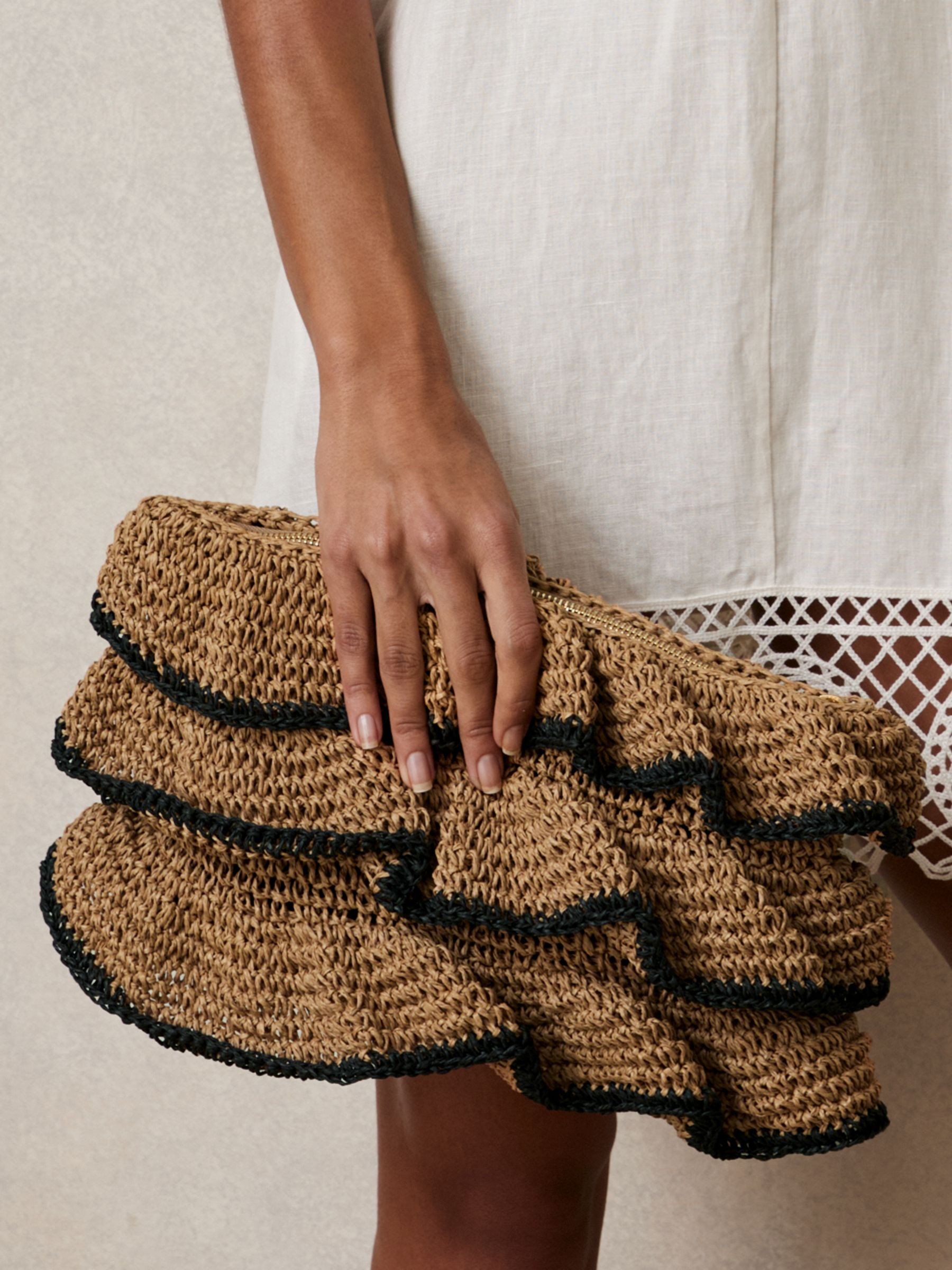 Reiss Raffia Ruffle Clutch Bag in Natural - REISS | Reiss UK