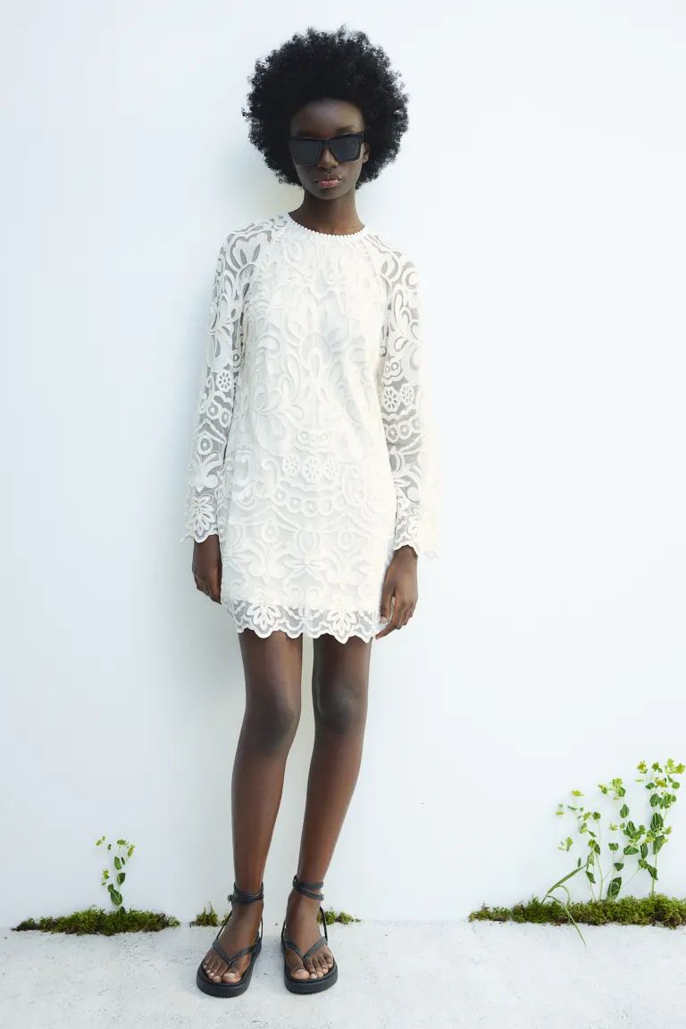 Embroidered dress - Round neck - Long sleeve - White - Ladies | H&M GB | H&M (UK, MY, IN, SG, PH, TW, HK)