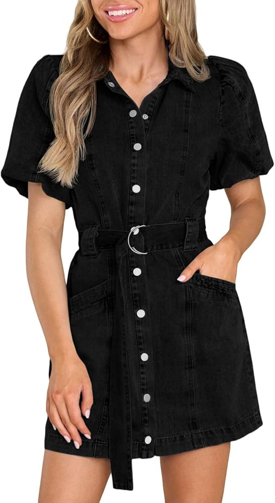 Fisoew Womens Denim Mini Dress Button Down Casual Belted Puff Short Sleeve Jean Dress with Pocket... | Amazon (US)