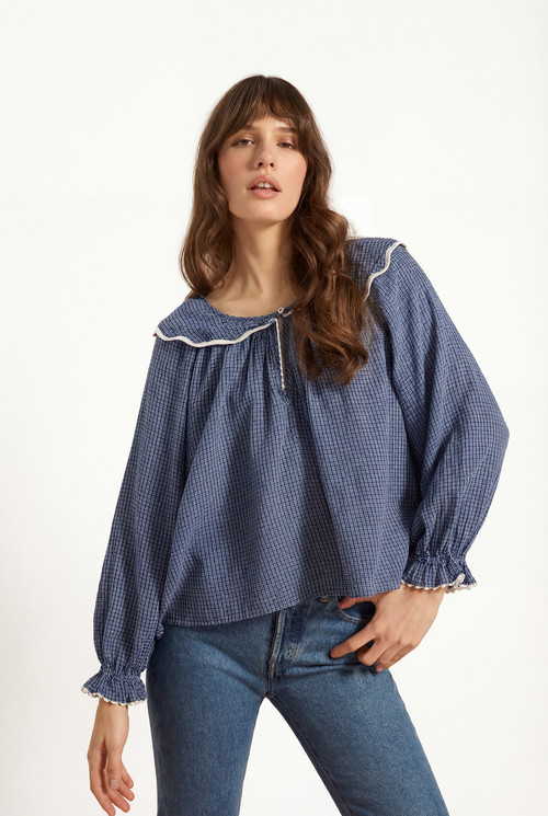 If Only If Katharine Blouse in Denim Check at Nordstrom, Size Large | Nordstrom