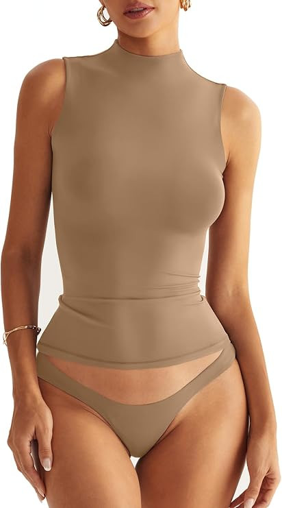 Women Sleeveless Mock Turtle Neck Tops Double Lined Fitted Tank Tops Basic T Shirts 2025 | Amazon (US)