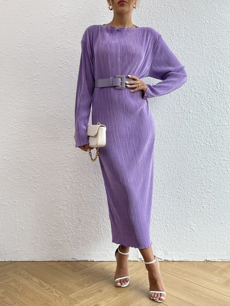 Drop Shoulder Plisse Belted Dress | SHEIN