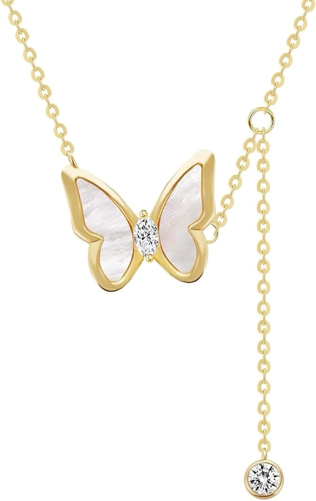 Mylinn 925 Gold-Plated Butterfly Necklace – Mother-of-Pearl Inlay with Delicate Zircon Accent C... | Amazon (US)