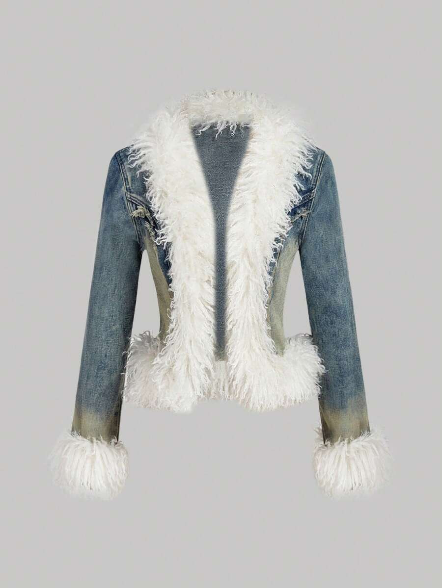 SHEIN MOD Women's Fluffy & Denim Patchwork Jacket | SHEIN