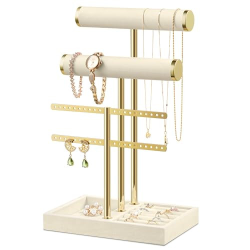 Josmimic Bracelet Holder Jewelry Organizer Display - 3 Tier T Bar Velvet Stand, Beige Jewelry Storage for Bracelet, Necklaces, Earrings, Rings, Watches | Amazon (US)