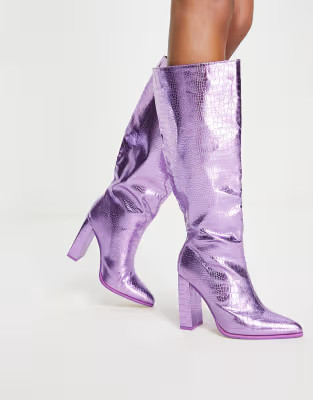 Public Desire Exclusive Wide Fit Posie heeled knee boots in metallic purple croc | ASOS (Global)