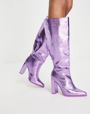 Public Desire Exclusive Wide Fit Posie heeled knee boots in metallic purple croc | ASOS (Global)