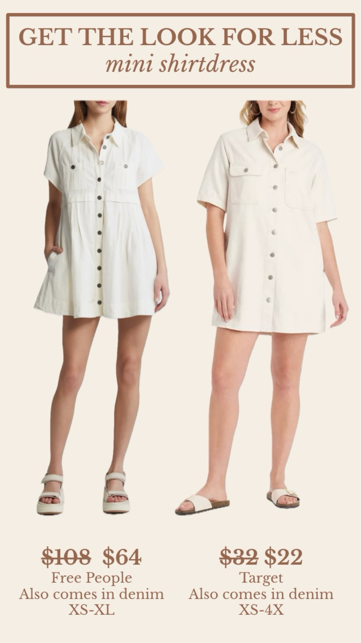 Get the Look for Less! These mini shirt dresses are perfect for summer and fall (wear with sandals now and boots later!) and both versions are on sale! The free people option is 40% off at Nordstrom and the Target option is 30% off! Both great options!
………………..
button down dress button down shirt dress free people dupe free people dress nordstrom sale target sale target circle week denim dress fall dress summer dress summer outfit summer trends summer dress casual dress cream dress fall outfit fall trends back to school outfit min dress mini shirtdress white dress bone dress date night dress dress under $100 dress under $50 dress under $25 free people dress dupe church dress modest dress dress with sleeves Nordstrom dress

#LTKSummerSales #LTKStyleTip #LTKxNSale