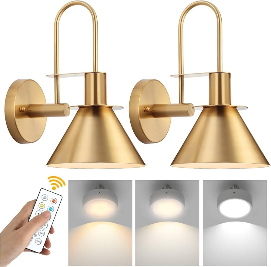 Battery Operated Wall Sconce, Wireless Battery Operated Wall Lights, Gold Wall Sconces Set of Two... | Amazon (US)