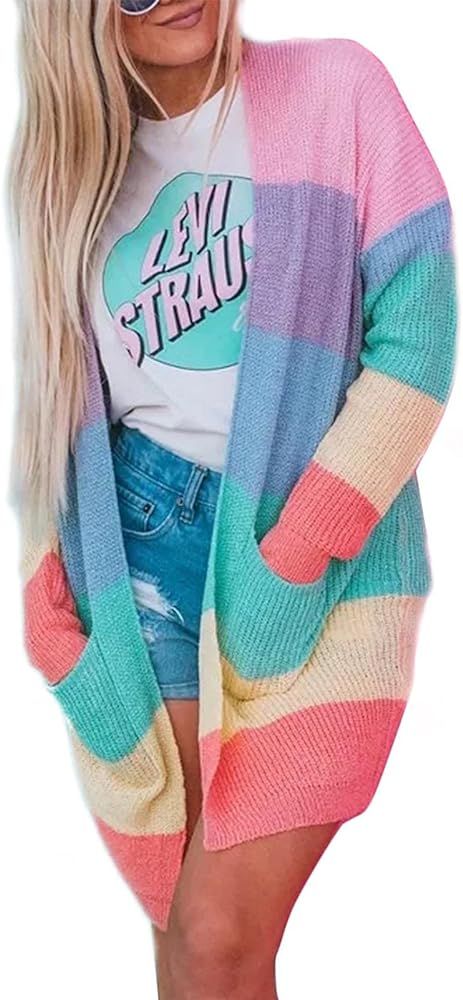 ZESICA Women's Long Sleeve Rainbow Color Block Open Front Drape Oversized Knitted Sweater Cardiga... | Amazon (US)