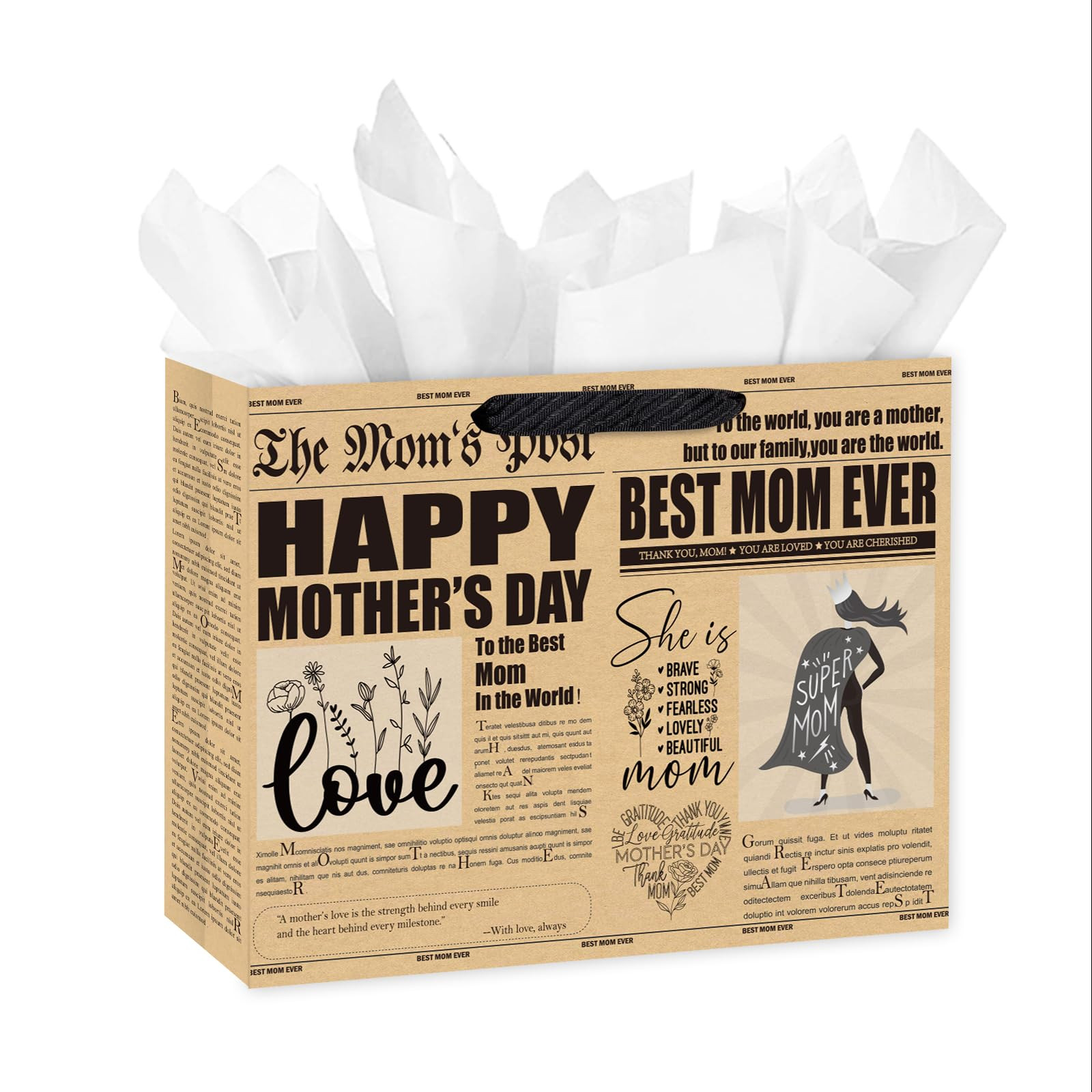 Loveinside 13" Large Mother's Day Gift Bag, Vintage Newspaper Best Mom Ever Design Kraft Gift Bag... | Amazon (US)