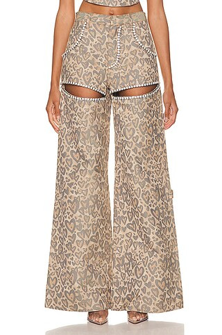 AREA Heart Leopard Wide-Leg Slit Jean in Brown | FWRD 