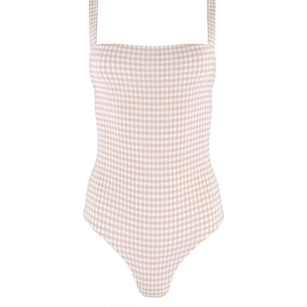 Women's Crinkle Gingham Print Low Back Compression Fit One-Piece, Brown | Maisonette