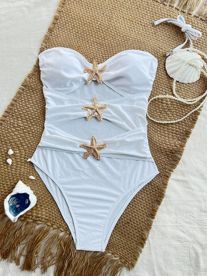 SHEIN Swim Women's Solid Color Spaghetti Strap Beachwear Vacation Waist Hollow Gold Starfish Design Swimsuit | SHEIN