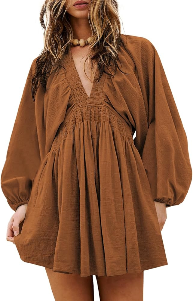 Acelitt Womens Spring Long Sleeve V Neck Casual Loose Flowy Ruffle A Line Babydoll Mini Dress Bea... | Amazon (US)