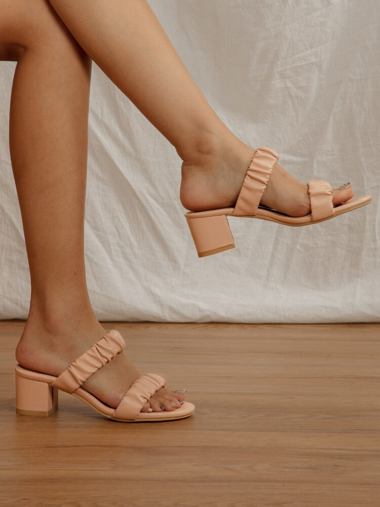 Ruched Strap Chunky Heeled Mule Sandals | SHEIN
