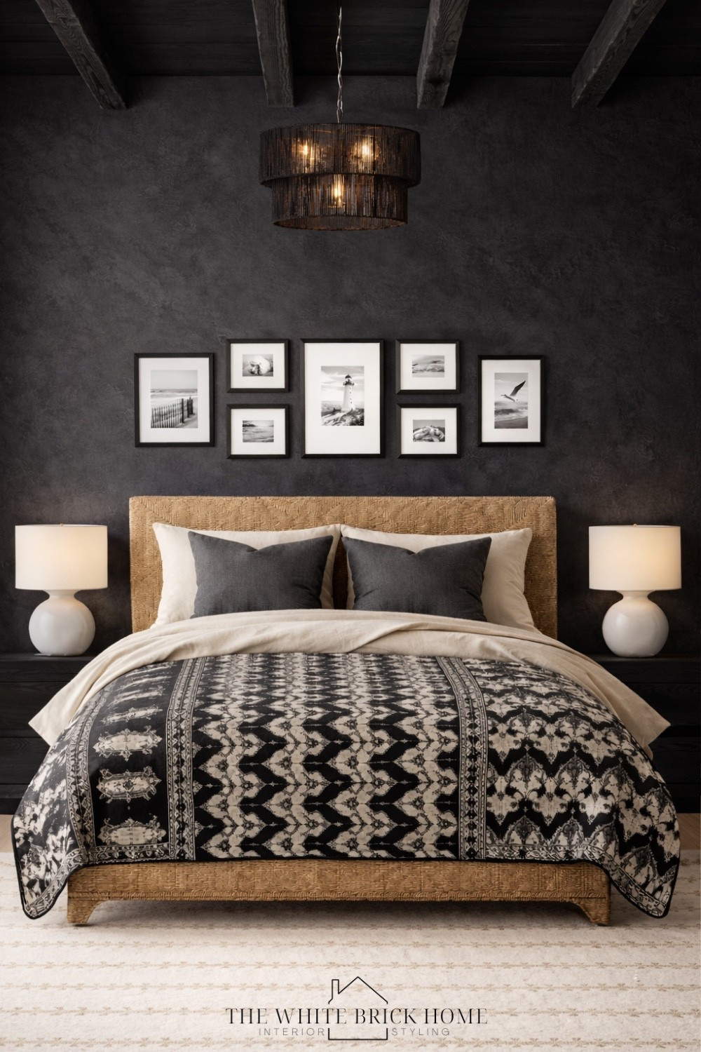 A moody, modern coastal retreat that pairs dramatic textures with warm woven layers for a bedroom that feels elevated, relaxed, and chic. 
🖤🖤
Bed, bedroom, bedroom furniture, bedroom decor, gallery wall, home decor, home design, bedroom design, bedroom decor, bedroom ideas, bedding, table lamp, bedroom furniture, coastal bedroom, moody bedroom, bedroom finds, area rug, bedroom rug, pottery barn, primary bedroom, wayfair, wayfair bedroom, crate and barrel 


#LTKSeasonal #LTKOver40 #LTKHome