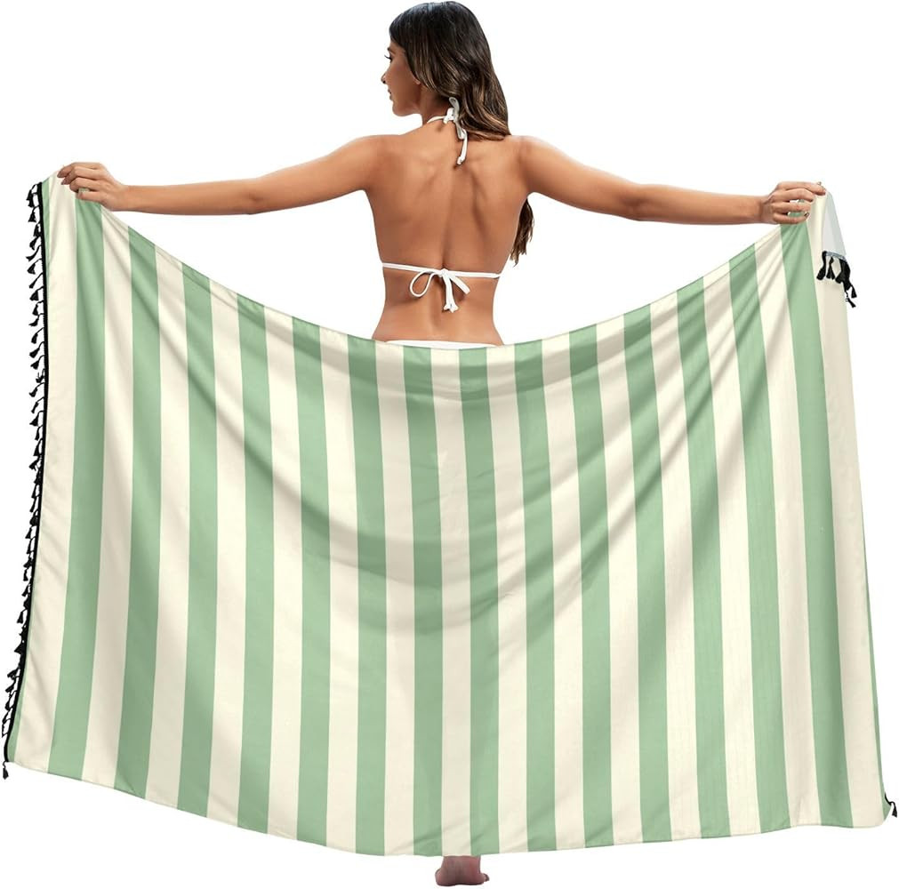 Green Vertical Stripes Women's Beach Sarong Coverups Summer Bikini Swimsuit Wrap Skirts with Tass... | Amazon (US)