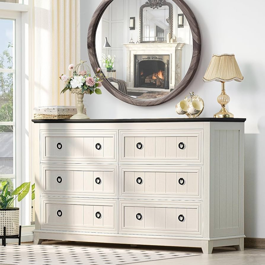 6 Drawers Dresser for Bedroom, Farmhouse 54'' White Dresser Chest of Drawers, Vintage Design Wood... | Amazon (US)