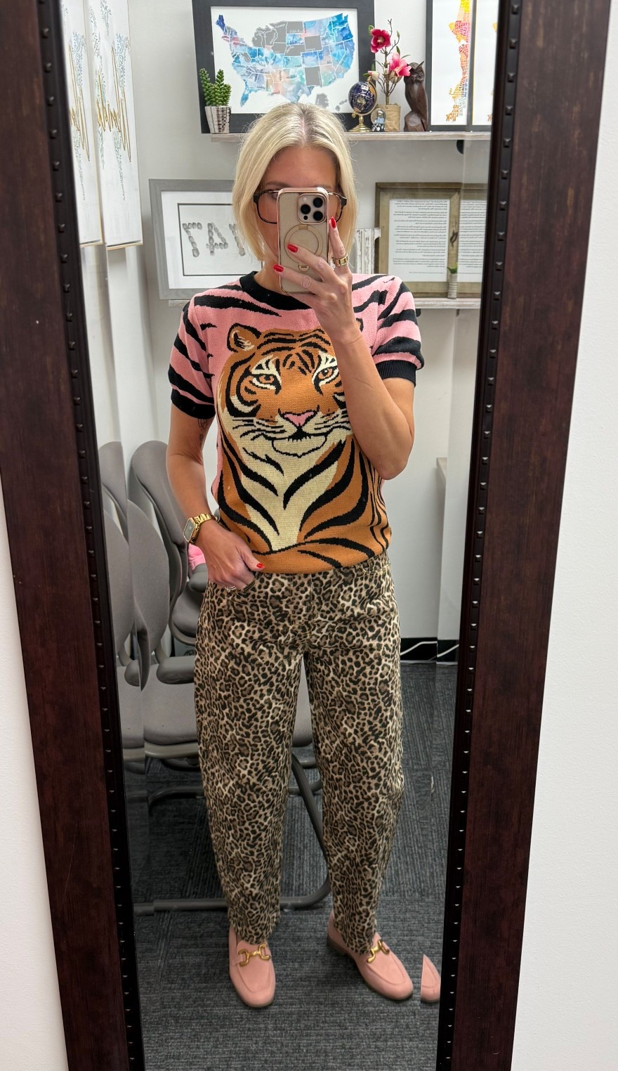 Don’t be afraid to mix patterns! You’d be surprised what works together. Just give it a try. 

My sweater’s from Oxknit. This is one of my favorites from the brand. They nice quality and the retro prints are super unique. 

My leopard barrel jeans are an online exclusive from Loft. Sizing is limited, but they’re such a good find! 

My pink suede loafers are from Walmart! 

#LTKOver40 #LTKgrwm #LTKootd