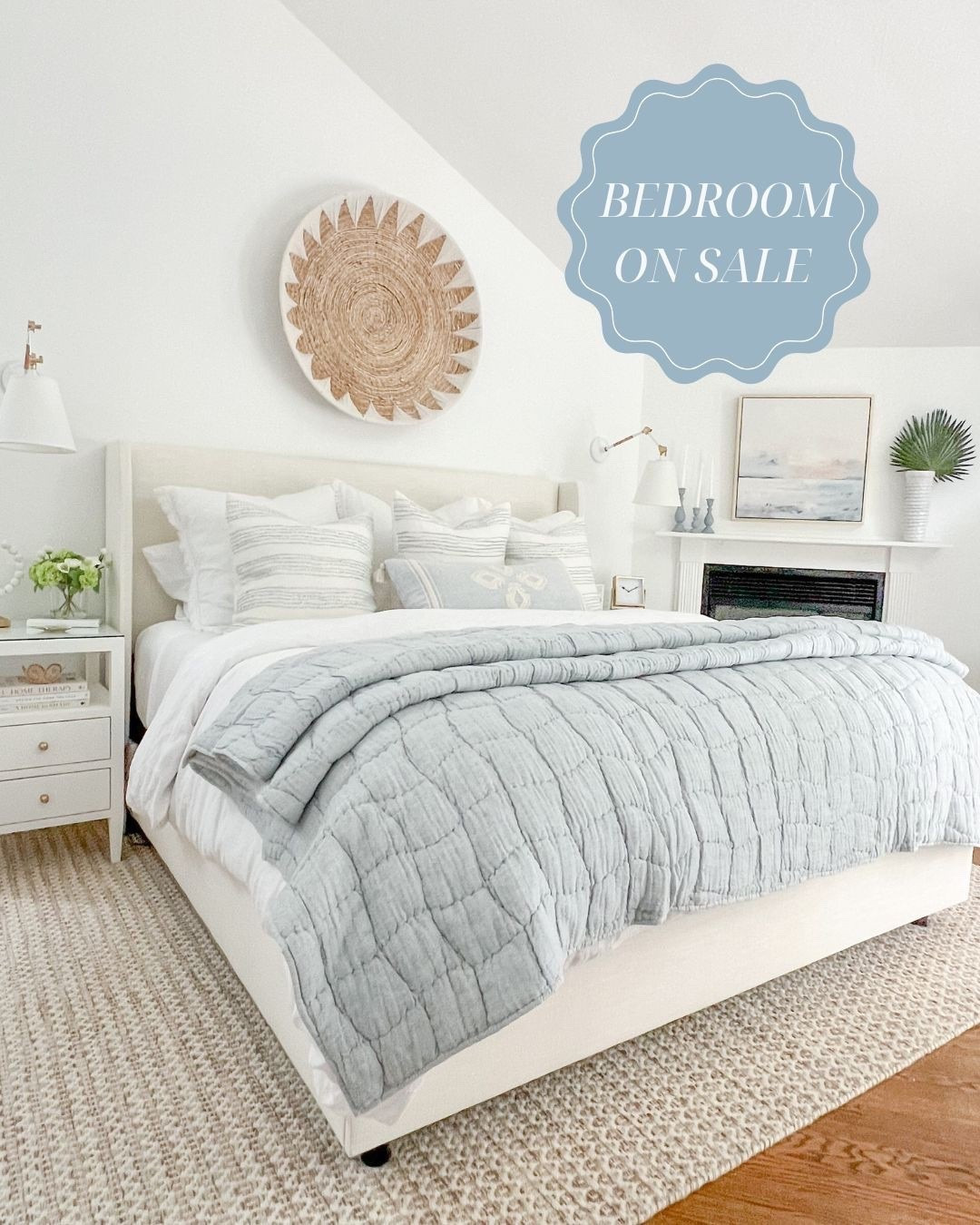 SO many pieces in my bedroom are on sale this weekend! Bed fabric is zuma white and my quilt is the chambray color.
- - 
coastal home decor, coastal bedroom ideas, coastal bedding, linen bedding, cotton bedding, cotton sheets, white sheets, primary bedroom ideas, beach house bedrooms, pottery barn quilts, blue quilts, coastal quilts, pottery barn duvet covers, down comforters, blue & white pillows, serena & lily pillows, bedroom sconces, bedroom lighting, wall baskets, art for over bed, bedroom rugs, 8x10 rugs, 9x12 rugs, 10x14 rugs, neutral rugs, coastal artwork, beach artwork, coastal abstract artwork, ballard designs artwork, nightstand decor, white nightstands, white nightstands, wayfair nightstands, white beds, Tilly bed, wayfair beds, upholstered beds, king beds on sale, serena & lily sconces, white sheets, bedding ideas, comforters, wayfair rugs, comforters, coastal nightstand

#LTKHome #LTKSaleAlert
