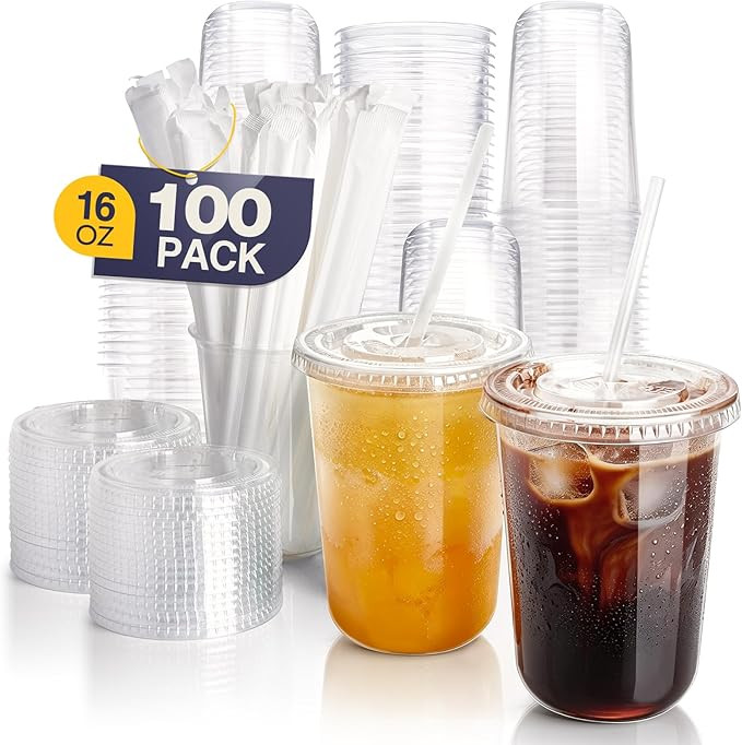 Fit Meal Prep 100 Pack 16 oz Round Bottom Clear Plastic Cups with Lids and Straws, Disposable Ice... | Amazon (US)