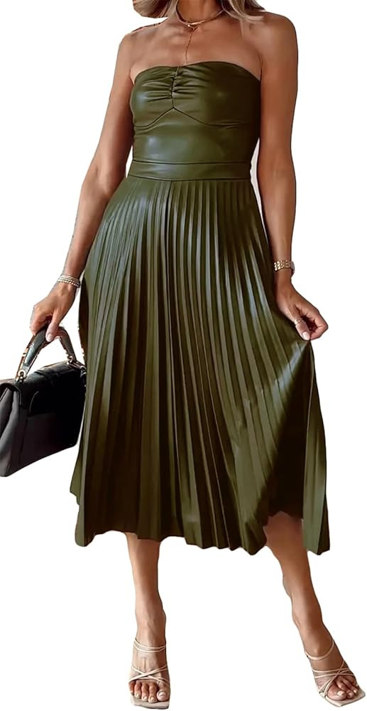 Qikaka Women's Off Shoulder PU Leather Bodycon Pleated Sexy Nightclub Party Dress | Amazon (US)