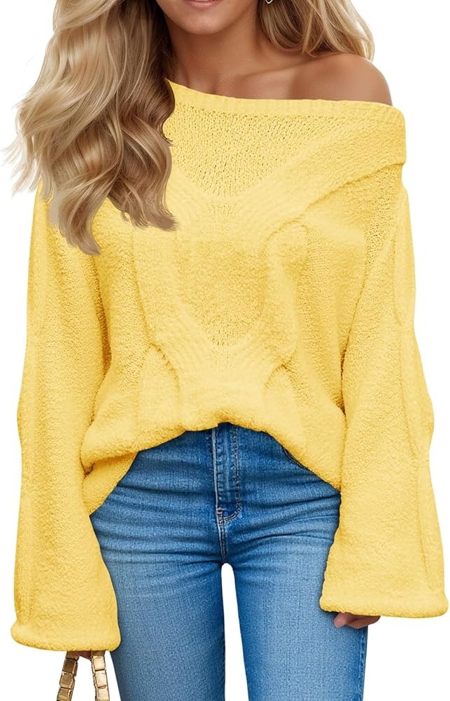 Saodimallsu Womens Off One Shoulder Sweaters Boat Neck Cable Knit Long Lantern Sleeve Loose Fall ... | Amazon (US)