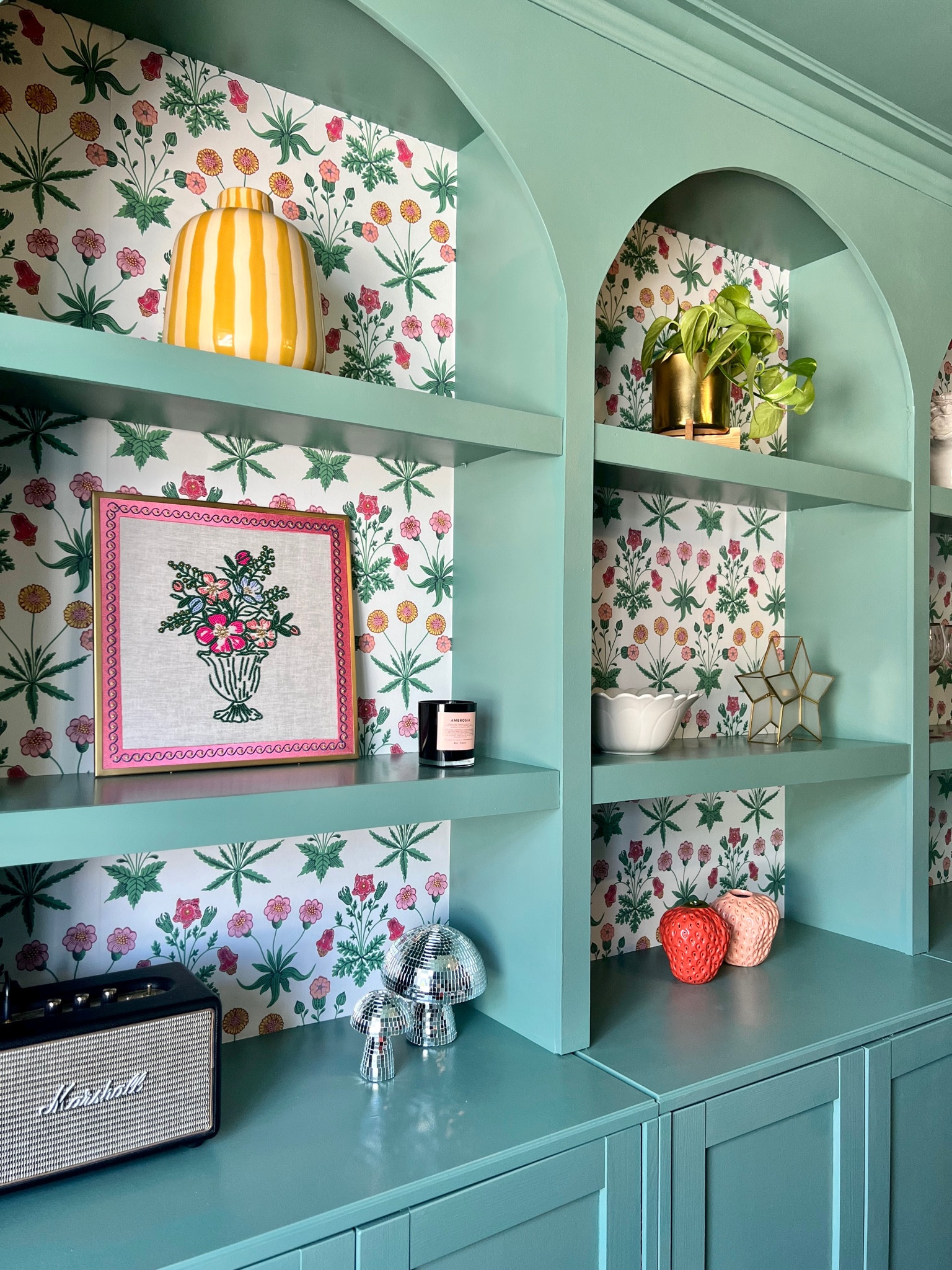 Teal painted bookcase, shelf home decor, patterned wallpaper 

#LTKeurope #LTKhome