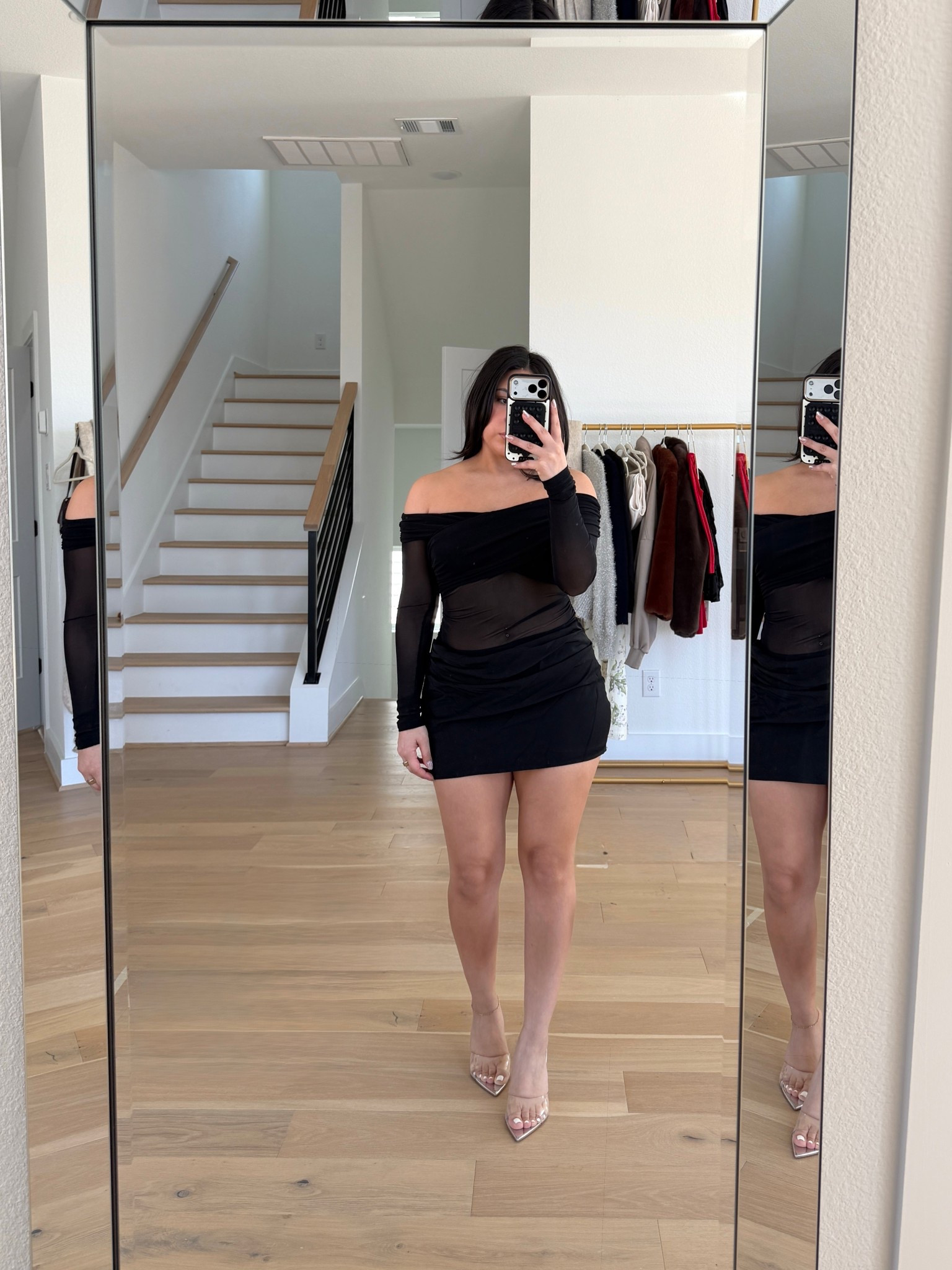 Black mini dress: 4 
Clear heels: 7 

#LTKSeasonal #LTKgrwm #LTKValentine