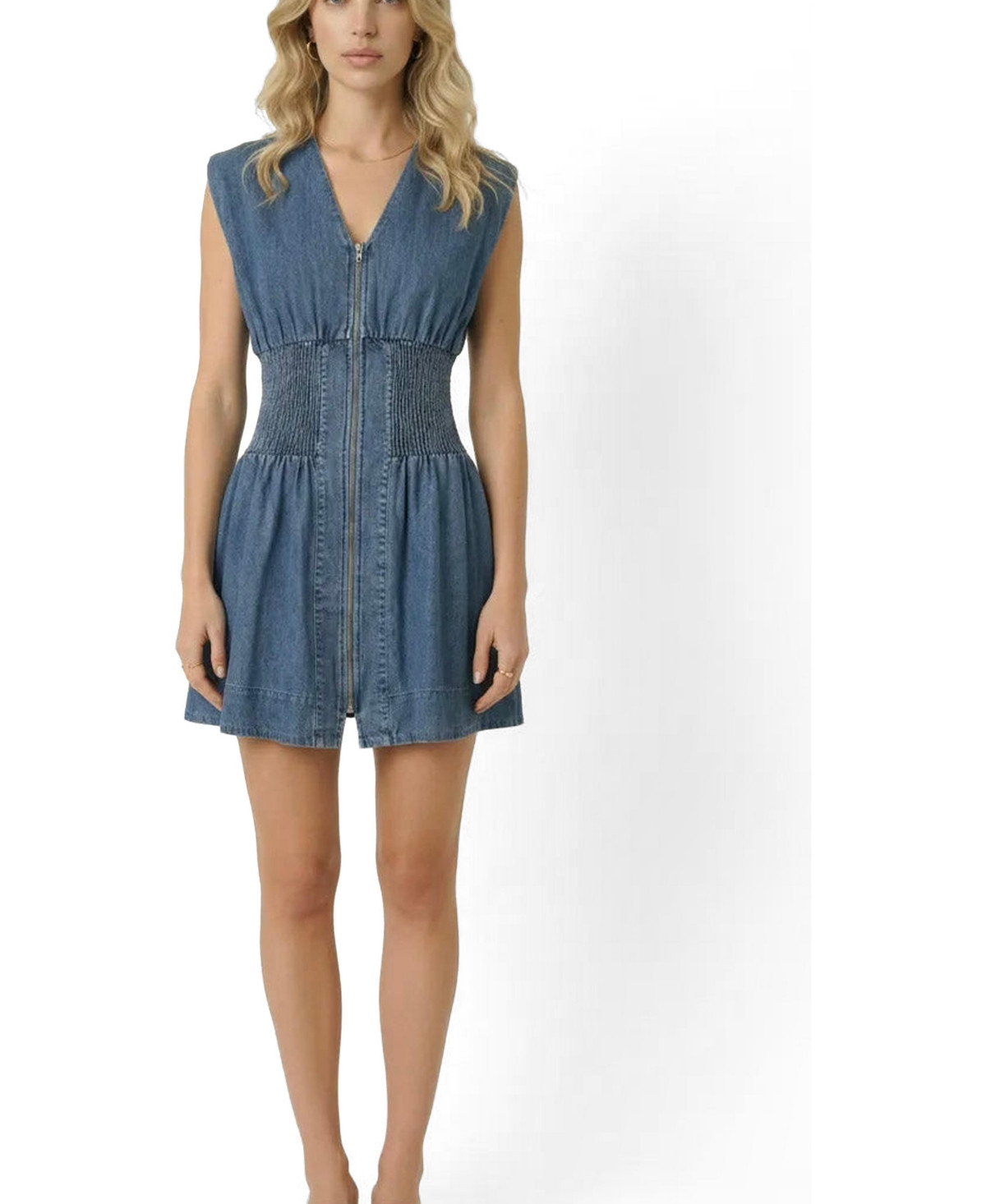 Modenaire Women's Denim Cap-Sleeve Smocked-Waist Mini Dress - Medium wash blue | Macy's