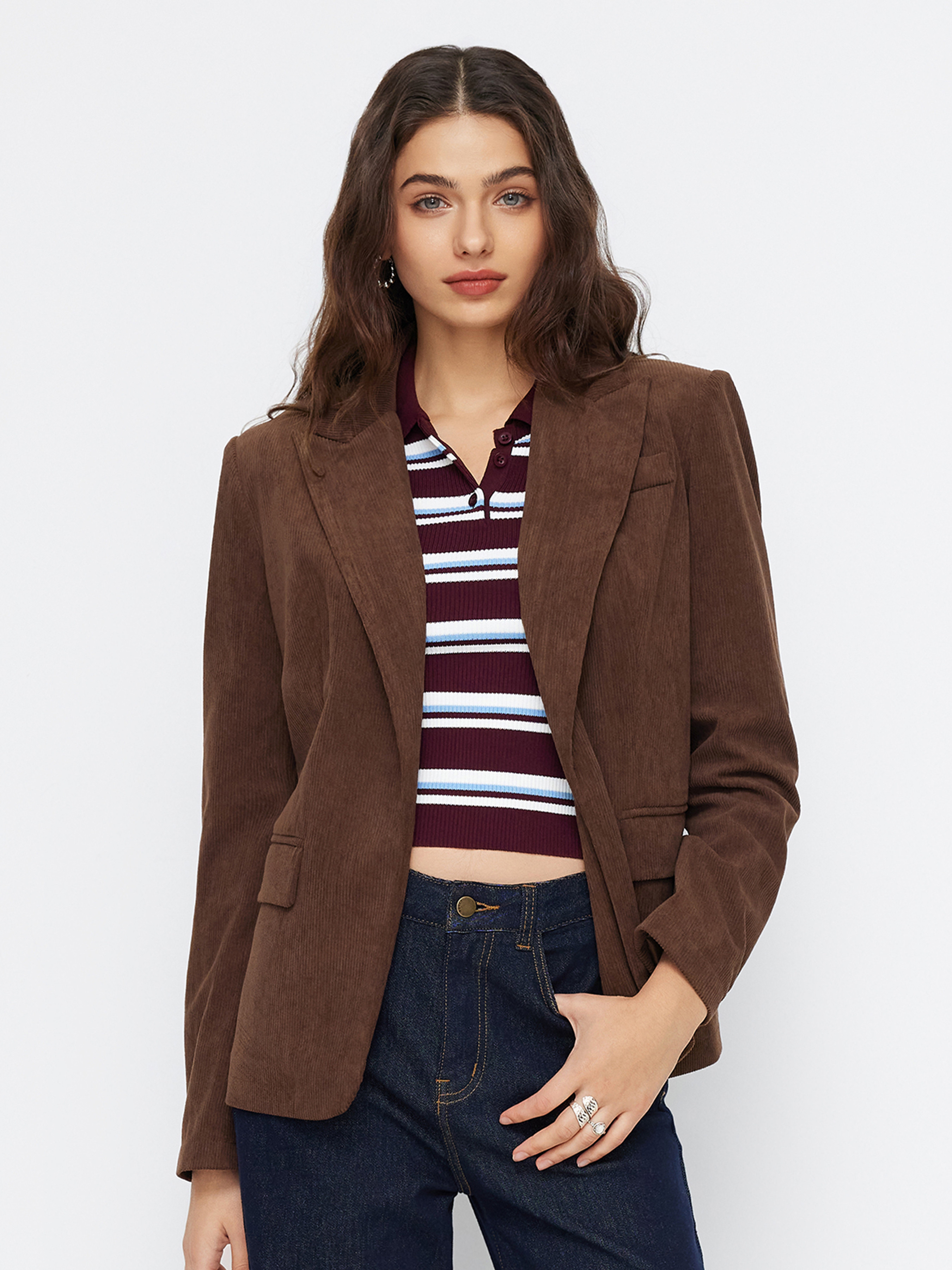 Corduroy Corduroy Notched Collar Long Sleeve Blazer For Work | Cider