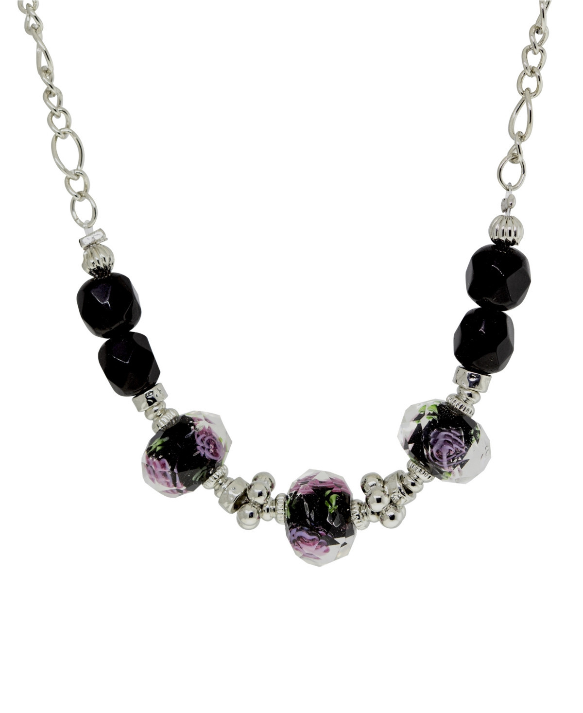 2028 Silver-Tone Black Floral Beaded Necklace - Black | Macy's