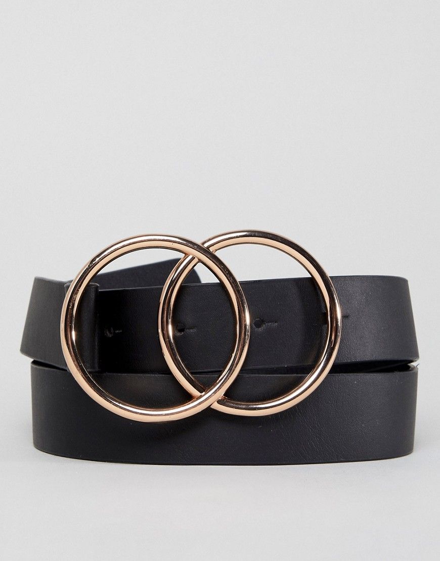 ASOS DESIGN vegan faux leather slim belt with double circle buckle - Black | ASOS UK